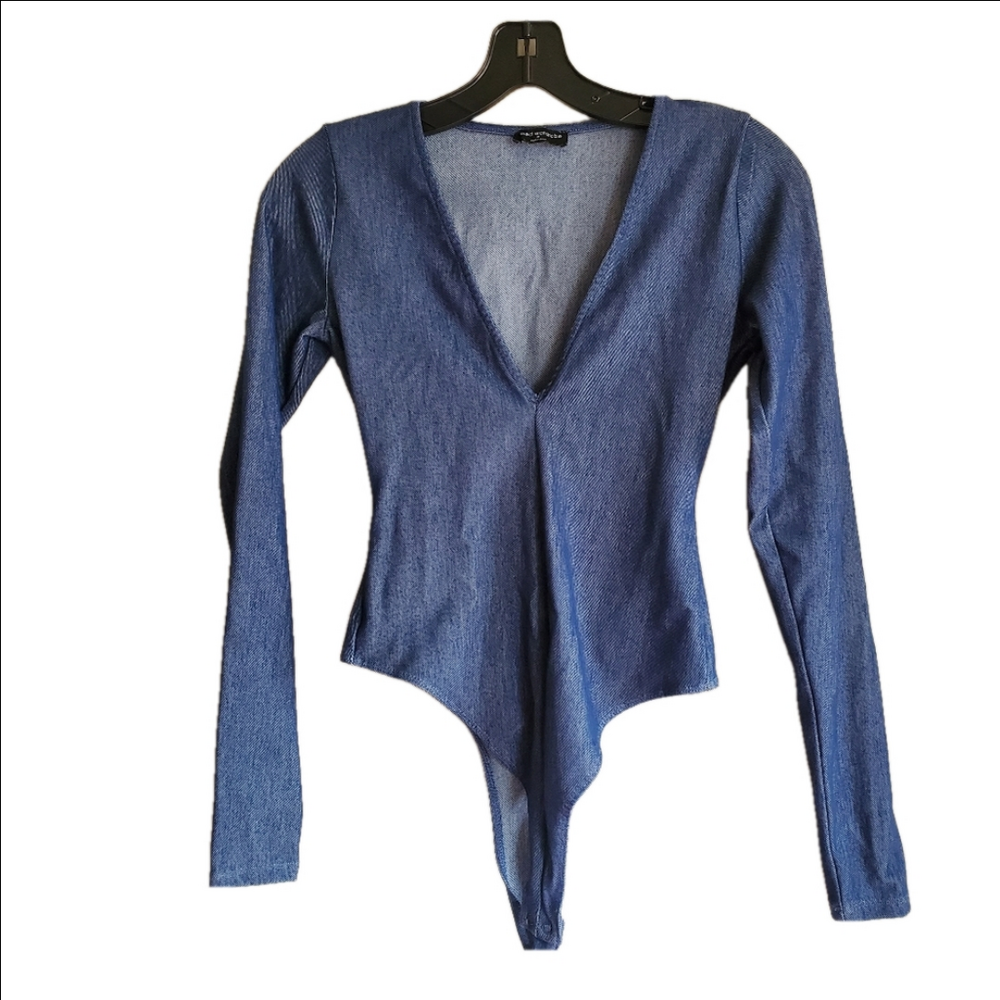 Naked Wardrobe Deep V-Neck Blue Chambray Bodysuit Longsleeve Size Medium